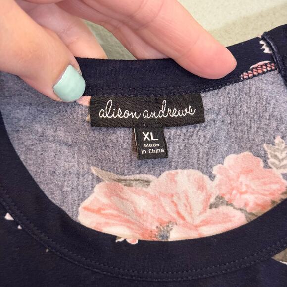 Allison Andrews Blouse Top XL Floral Cold Shoulder Short Sleeves Pullover Blue - Picture 5 of 6